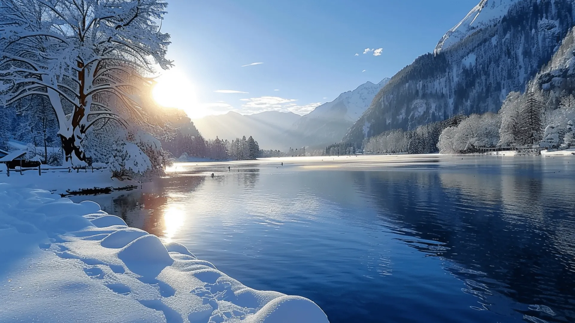 Sonnenuntergang am See in verschneiter Winterlandschaft